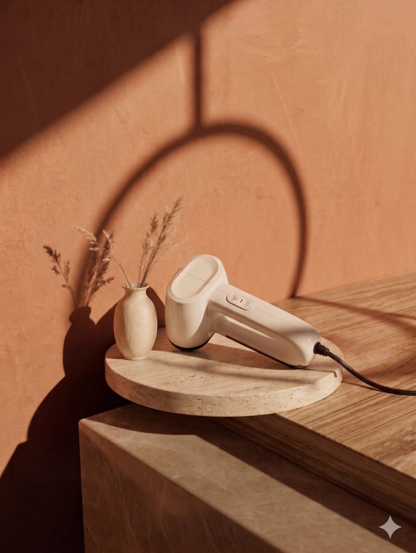 The Wrinklaway handheld steamer on a travertine pedestal against a terracotta wall